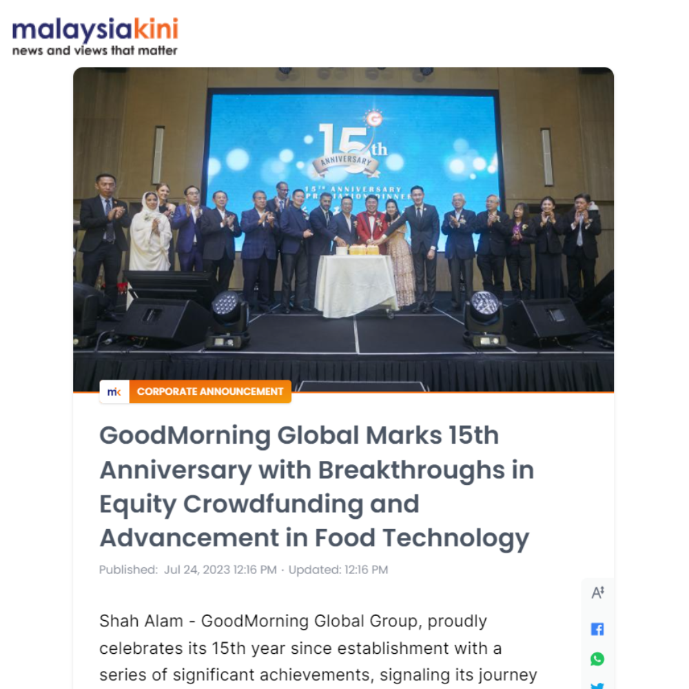 GoodMorning Global Marks 15th Anniversary with Breakthroughs in Equity Crowdfunding and Advancement in Food Technology